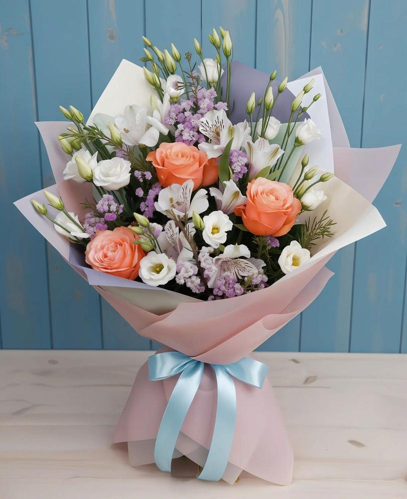 Букет цветов из: Лизиантусы, Розы, Альстромерии и Гипсофила в Сосновке
