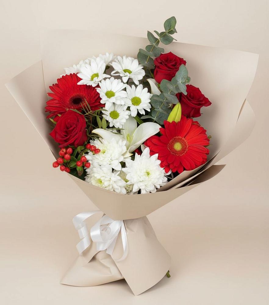 Букет цветов из: Розы, Хризантемы, Герберы и Лилии в Сосновке