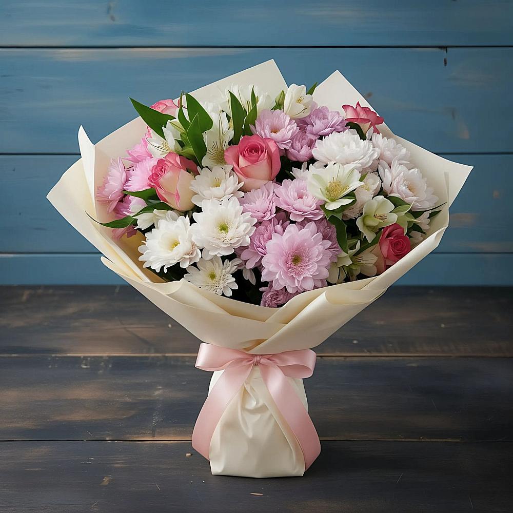 Букет цветов из: Хризантемы, Альстромерии и Розы в Сосновке